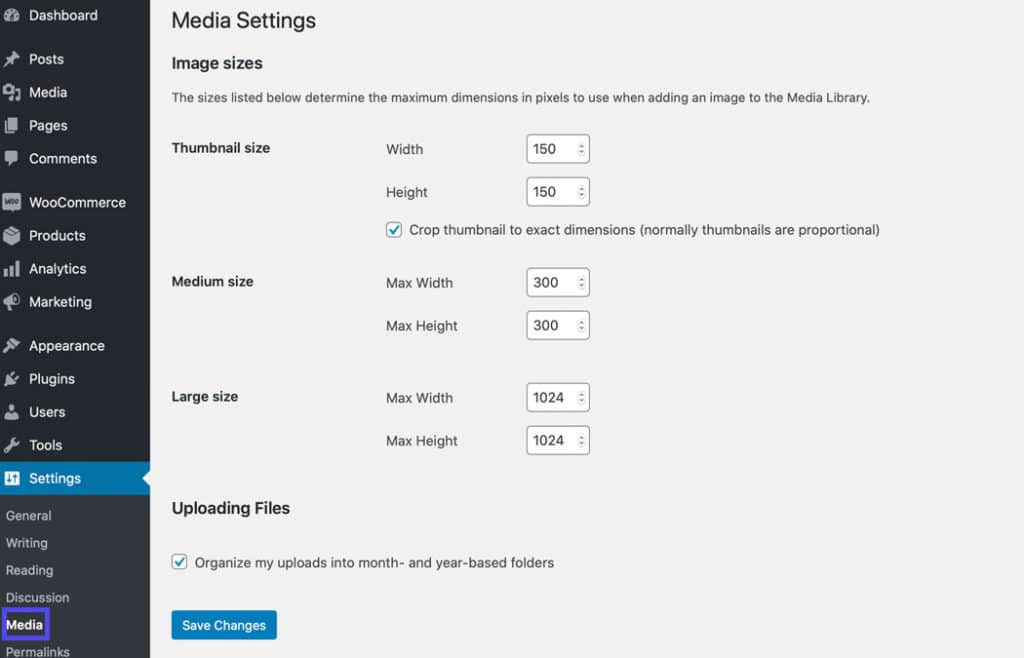 The WordPress Media Settings page.