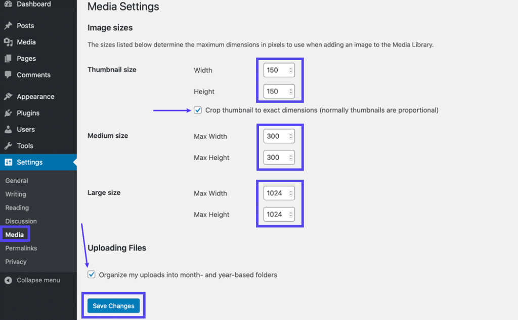The Media Settings page.