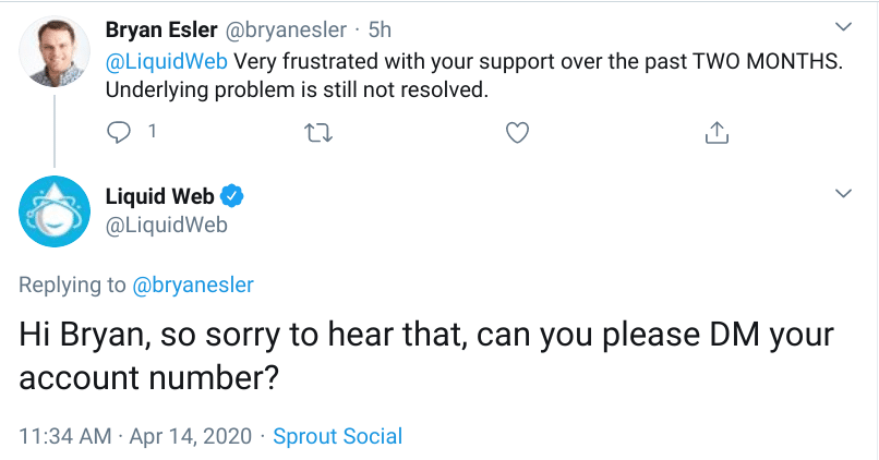 Tweet from LiquidWeb customer complaining about unresolved issues