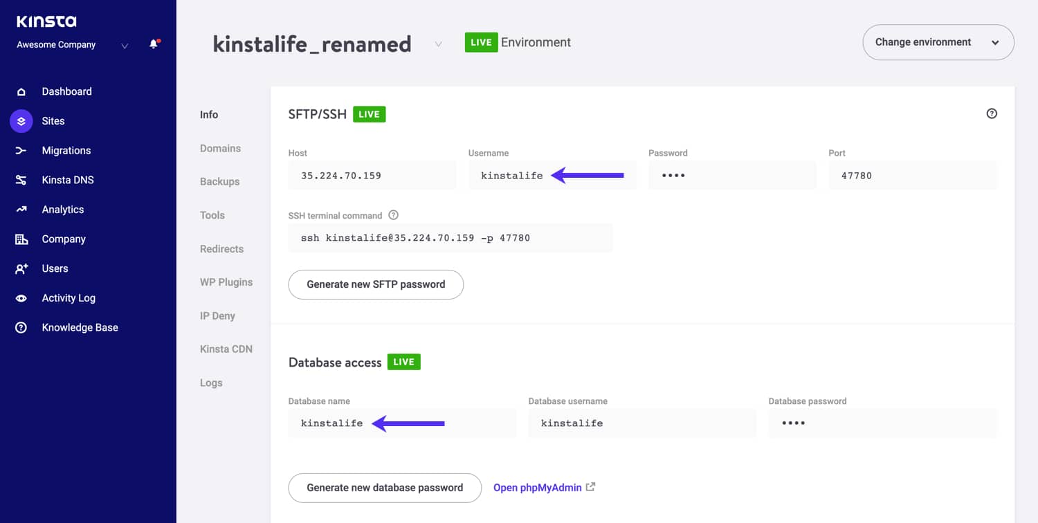 SSH/SFTP and database credentials are not changed by renaming a site in MyKinsta.
