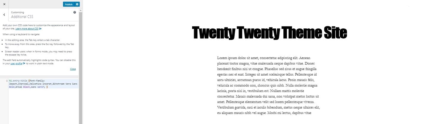 new font twenty twenty theme customizer