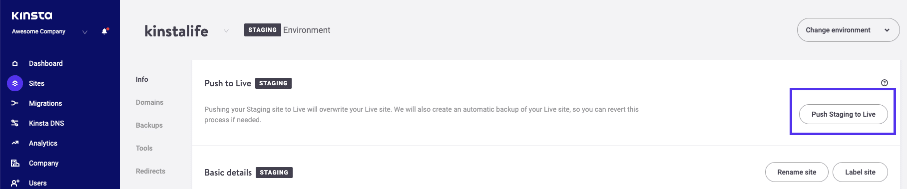 The MyKinsta push staging to live option