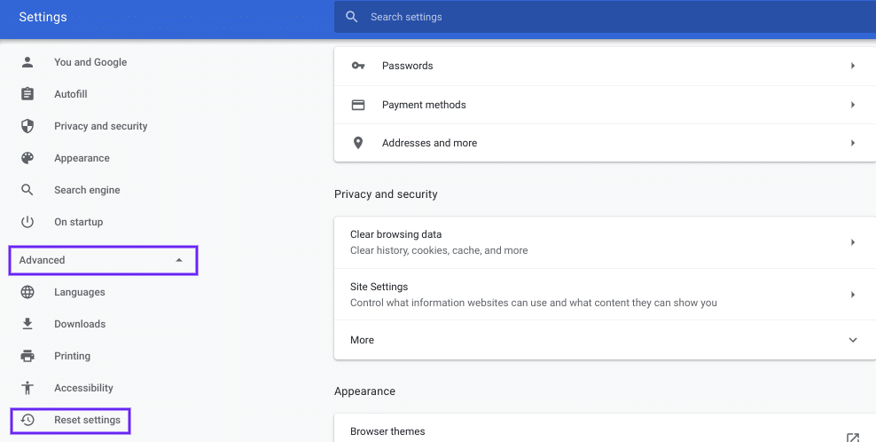 reset settings chrome