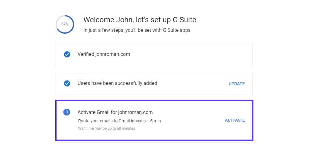 Activating gmail in Google Workspace account