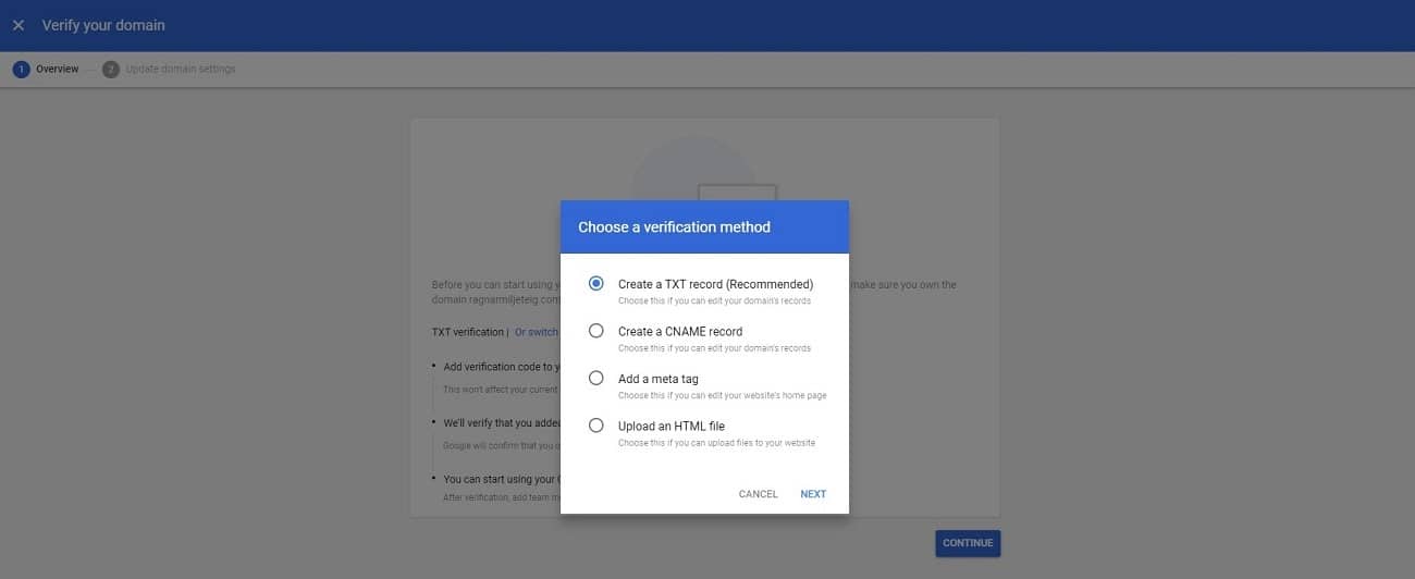 Choosing a verification method for Google Workspace