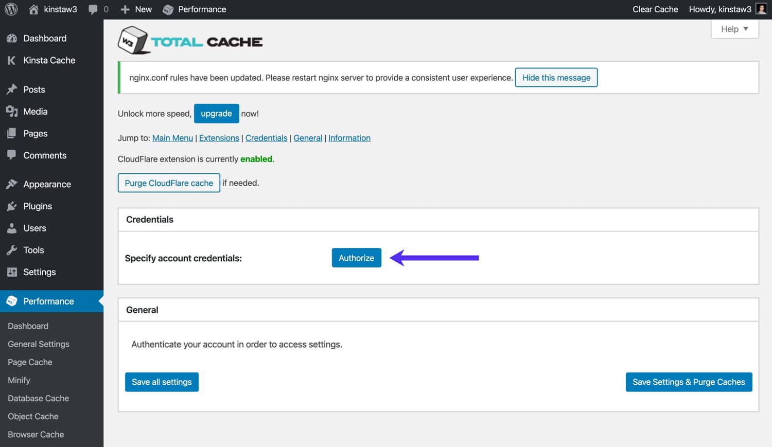 Authorize Cloudflare in W3 Total Cache.