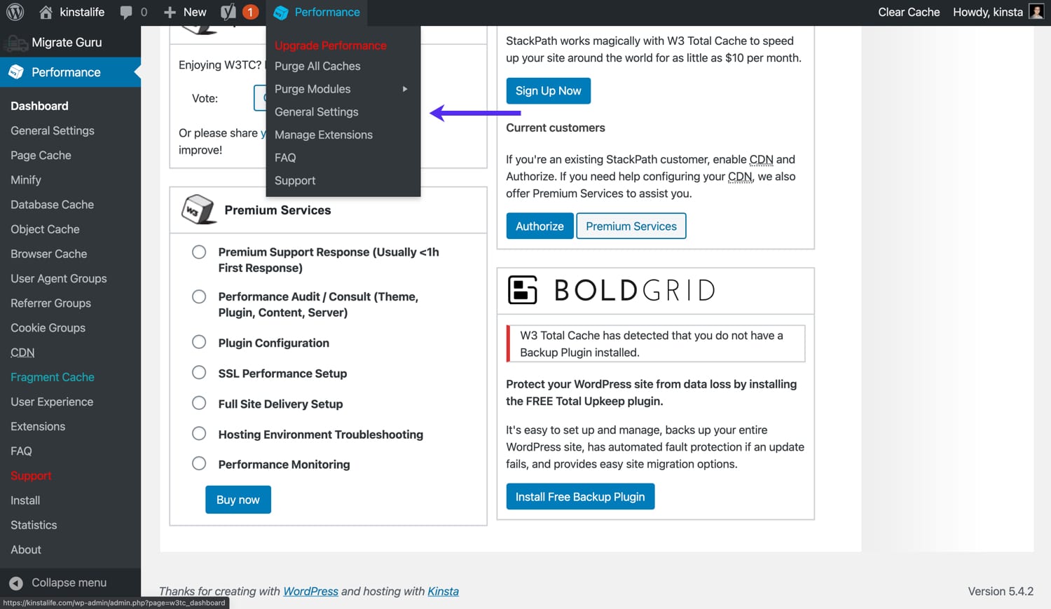 W3 Total Cache admin toolbar settings.