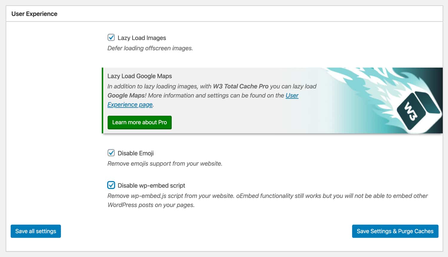 User experience settings in W3TC.