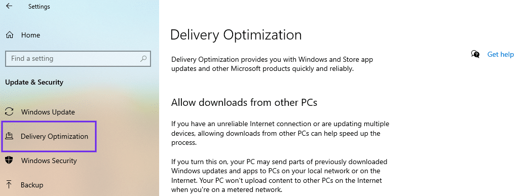 Windows Delivery Optimization-menuen