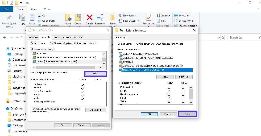 Windowsのhostsファイルの許可