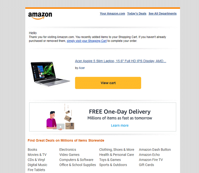Amazon - forladt indkøbsvogn e-mail 