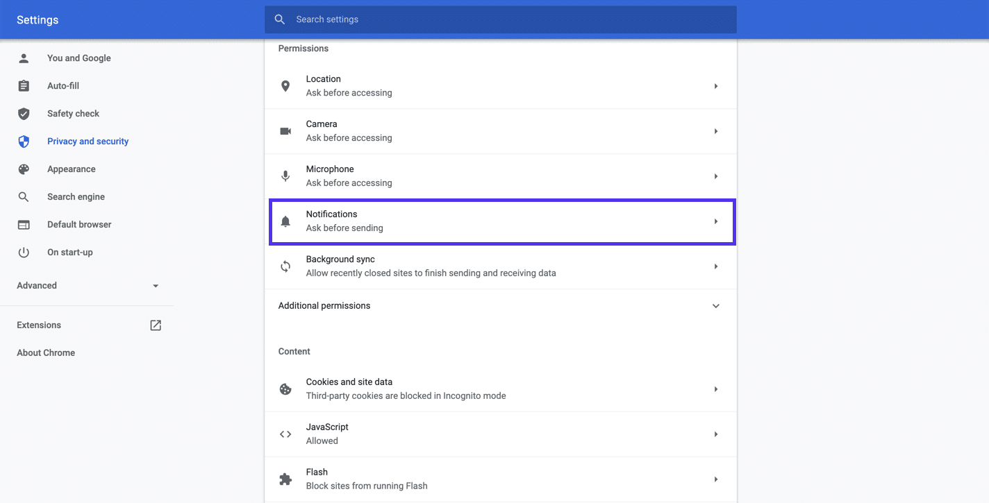 chrome settings notifications