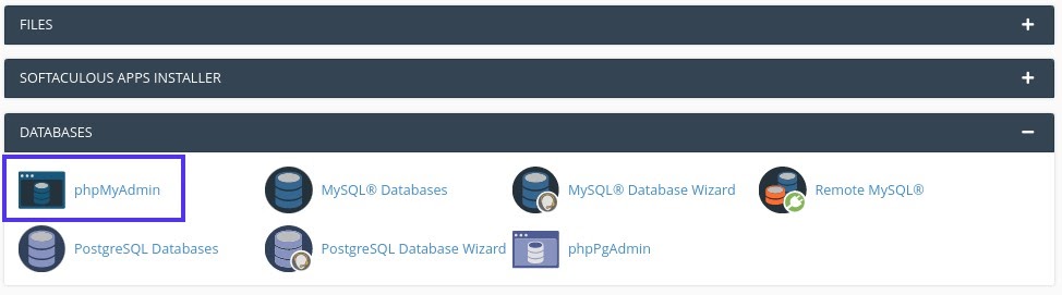 PhpMyAdmin dans la section « bases de données » de cPanel.