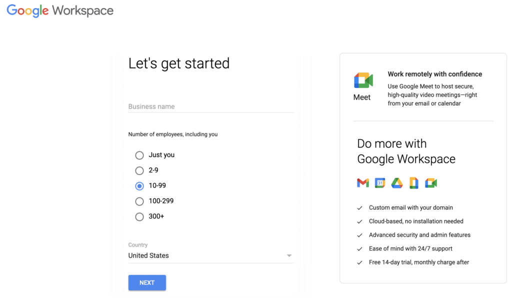 Google Workspace sign up window