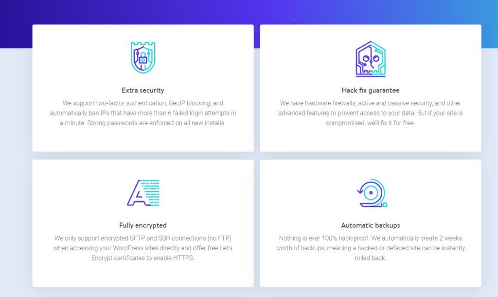 Las características de seguridad de Kinsta incluyen una garantía de arreglo de hackers, encriptación y copias de seguridad automáticas.