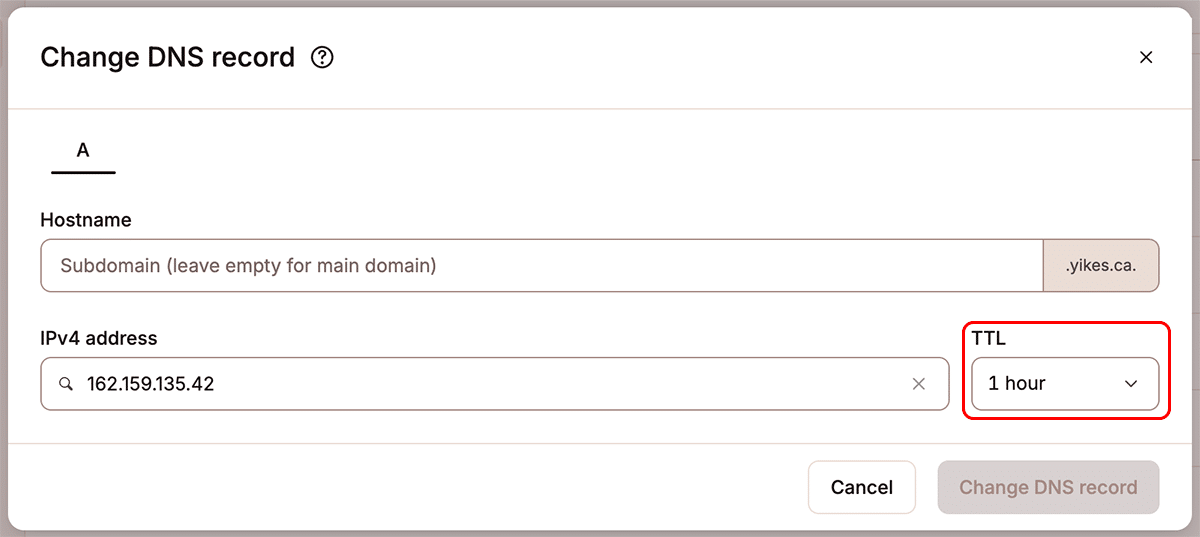 A screenshot of the Change DNS Record dialog in MyKinsta.