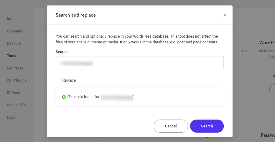 Een zoekopdracht met behulp van de MyKinsta tool Zoeken en vervangen.