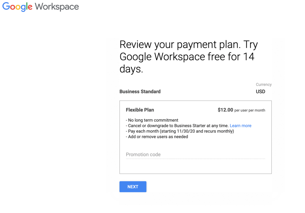 Reviewing payment plan on Google Workspace