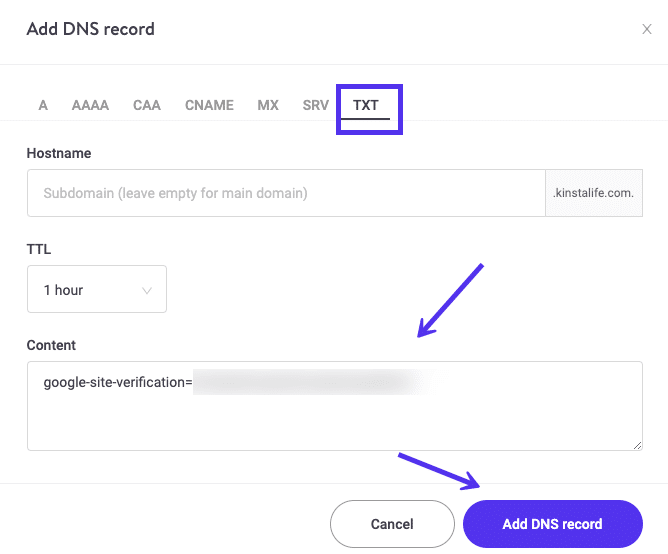 Tilføjelse af en TXT-post