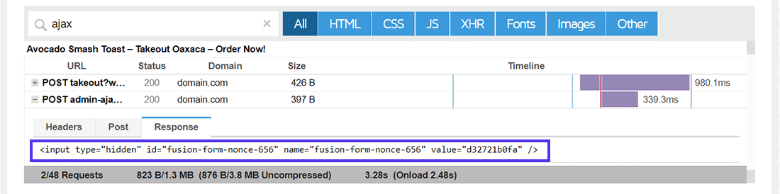 Dados de resposta do pedido POST admin-ajax.php