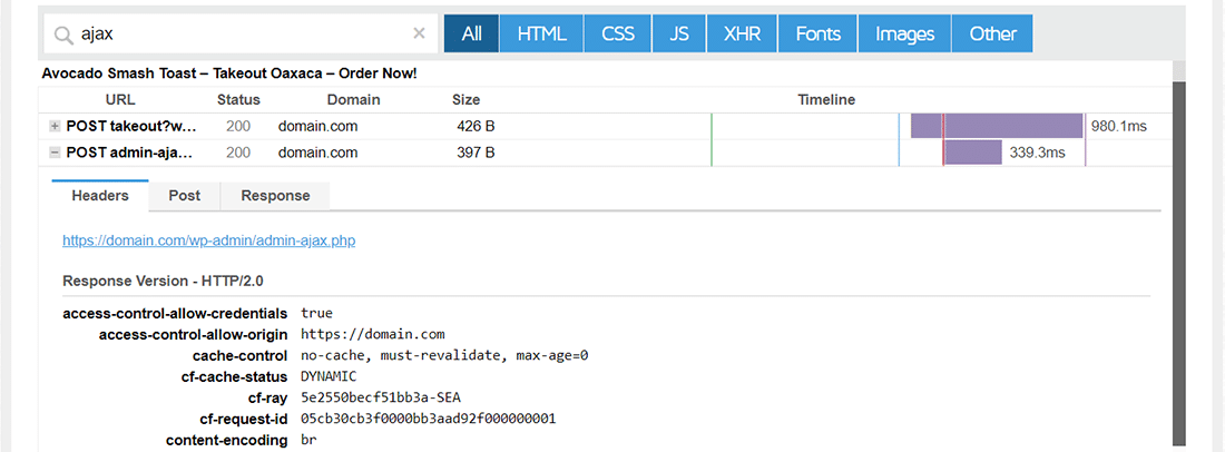 Dados dos cabeçalhos do pedido POST admin-ajax.php