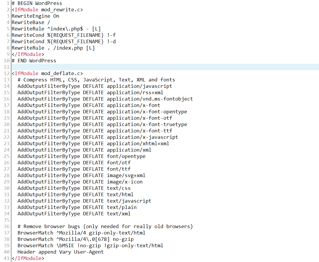 Exemplo de arquivo Apache . htaccess após habilitar a compressão GZIP