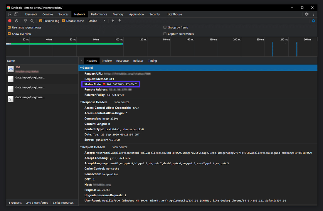 504 GATEWAY TIMEOUT status code in Chrome DevTools