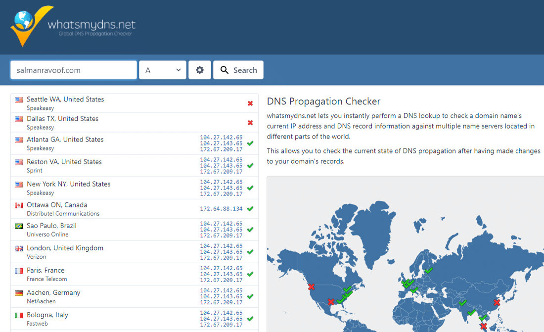 Controleren van de DNS propagatie van je domein via whatsmydns.net