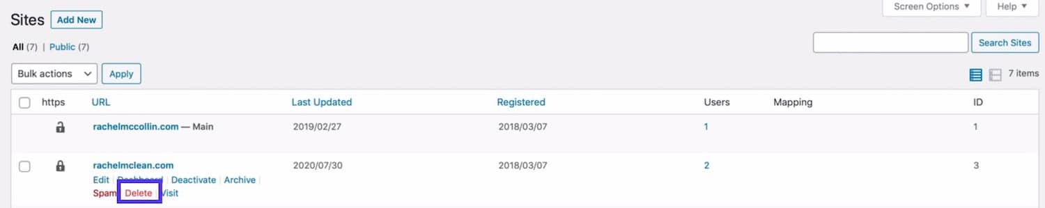 Deleting a site in a Multisite Network