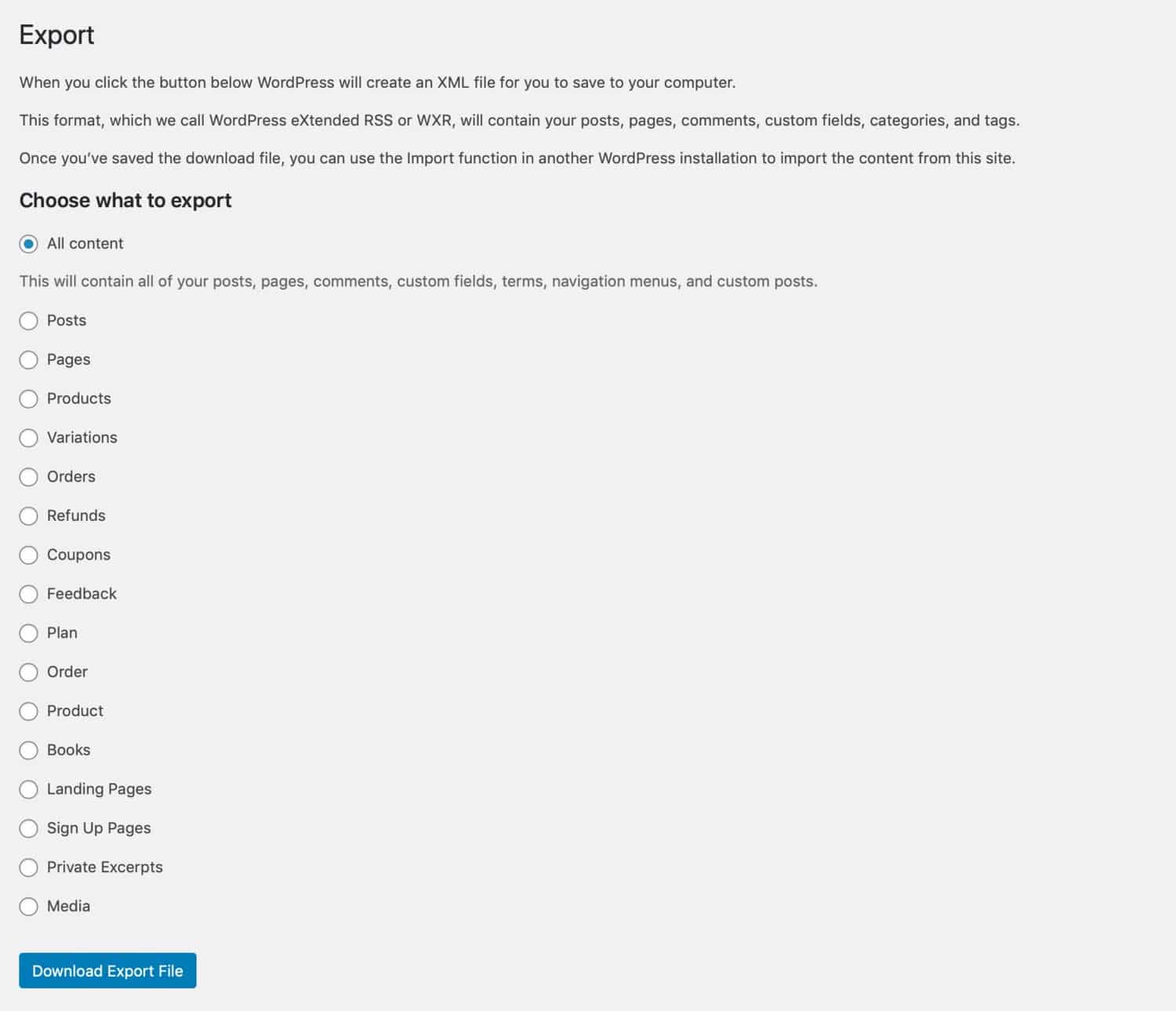 WordPress Export-Bildschirm