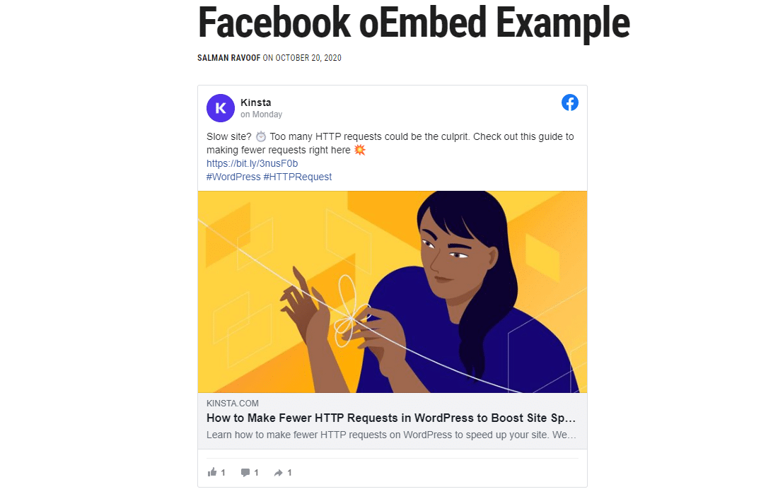 Un exemple de la façon dont WordPress intègre le contenu de Facebook