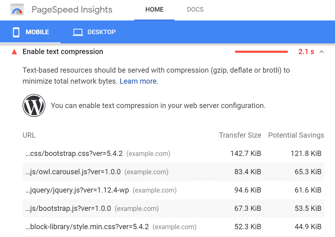 Advertencia de "Habilitar la compresión de texto" en Google PageSpeed Insights