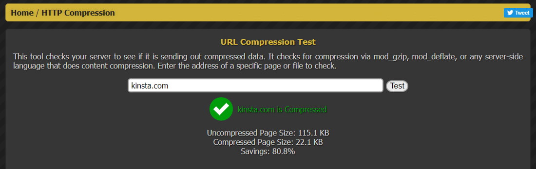 Test su Kinsta.com con lo strumento HTTP Compression Test