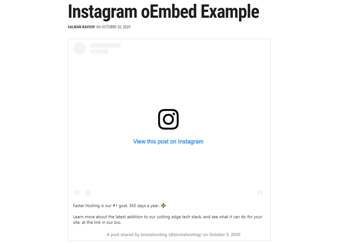 Un empotramiento simulado usando los puntos finales del legado Instagram oEmbed