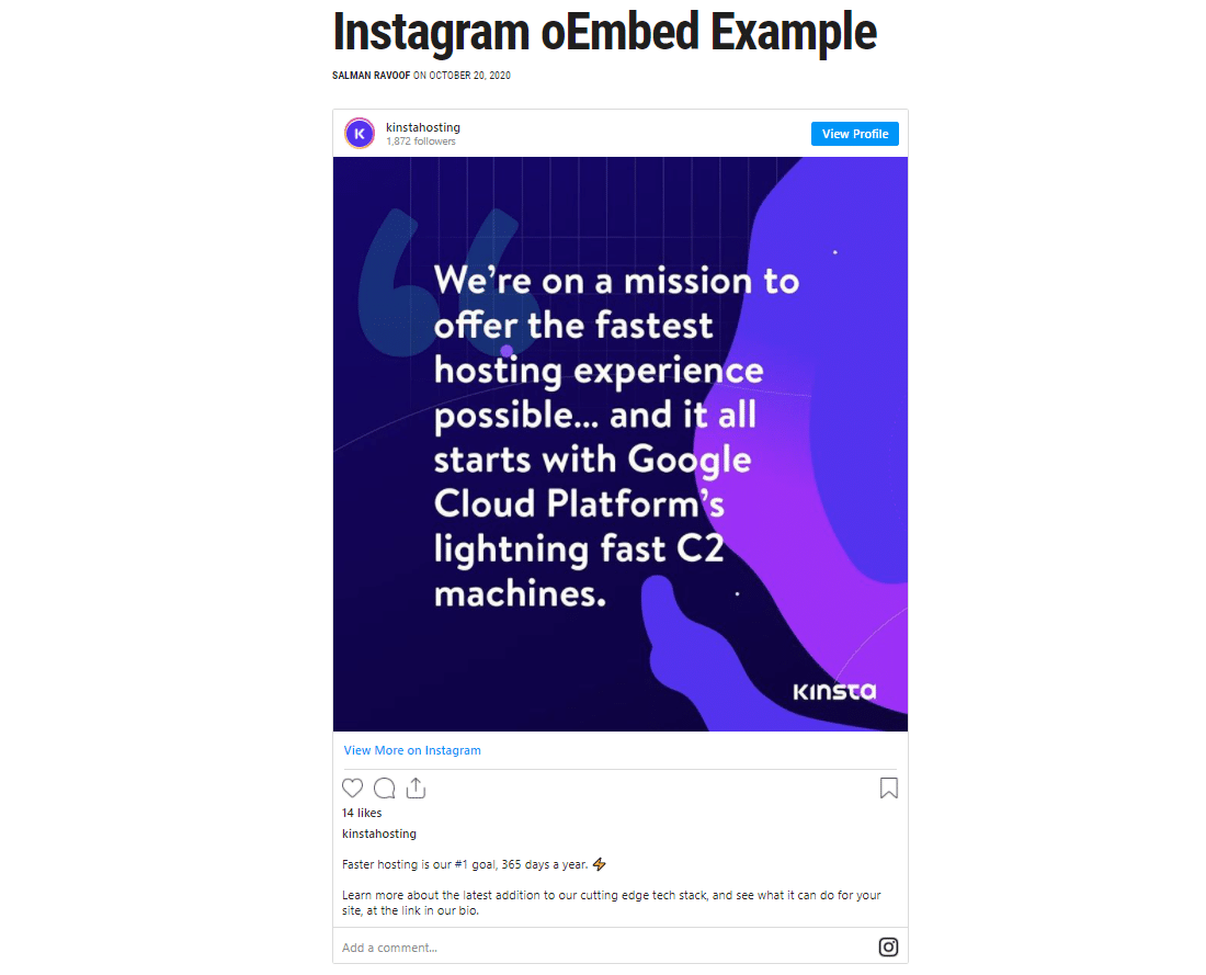 Ein Beispiel dafür, wie WordPress Instagram-Inhalte einbettet.