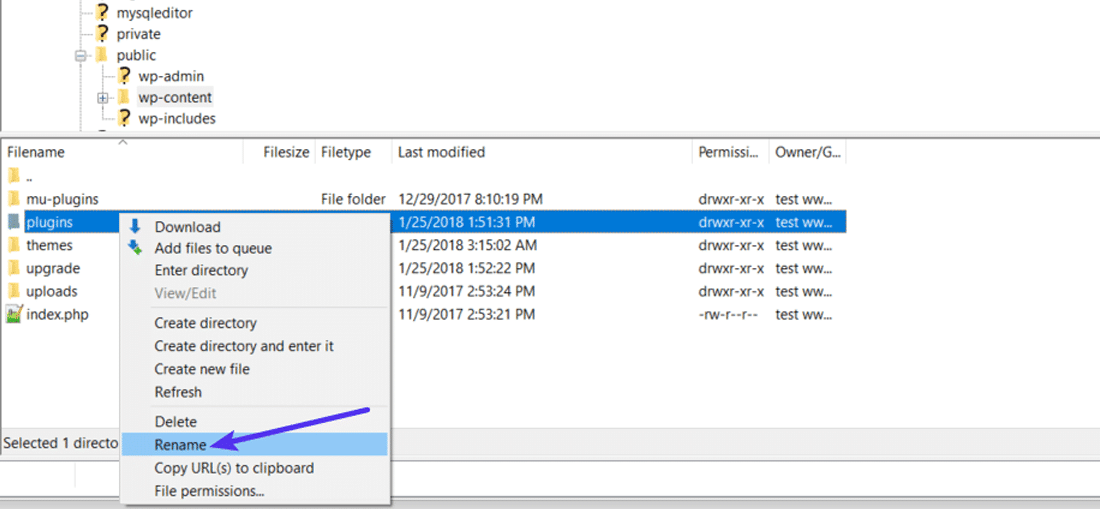 Deaktiviere alle Plugins per SFTP, indem du den Namen des Plugins-Ordners umbenennst