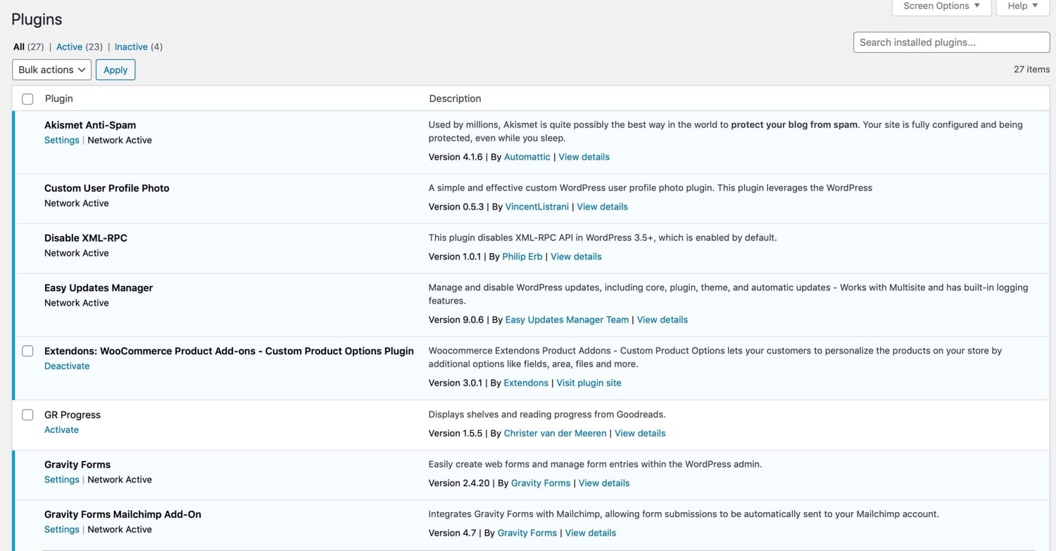 Plugins Bildschirm in der Sub Site des Multisite Netzwerks