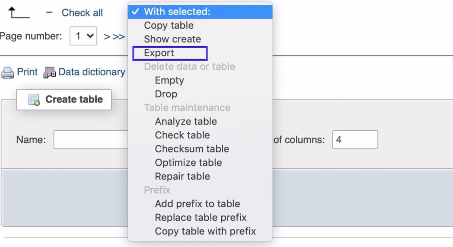 Selecting and exporting database tables