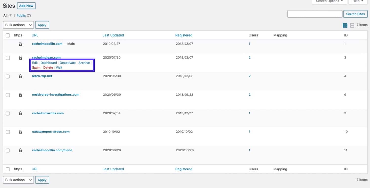 Tela de sites em Network Admin