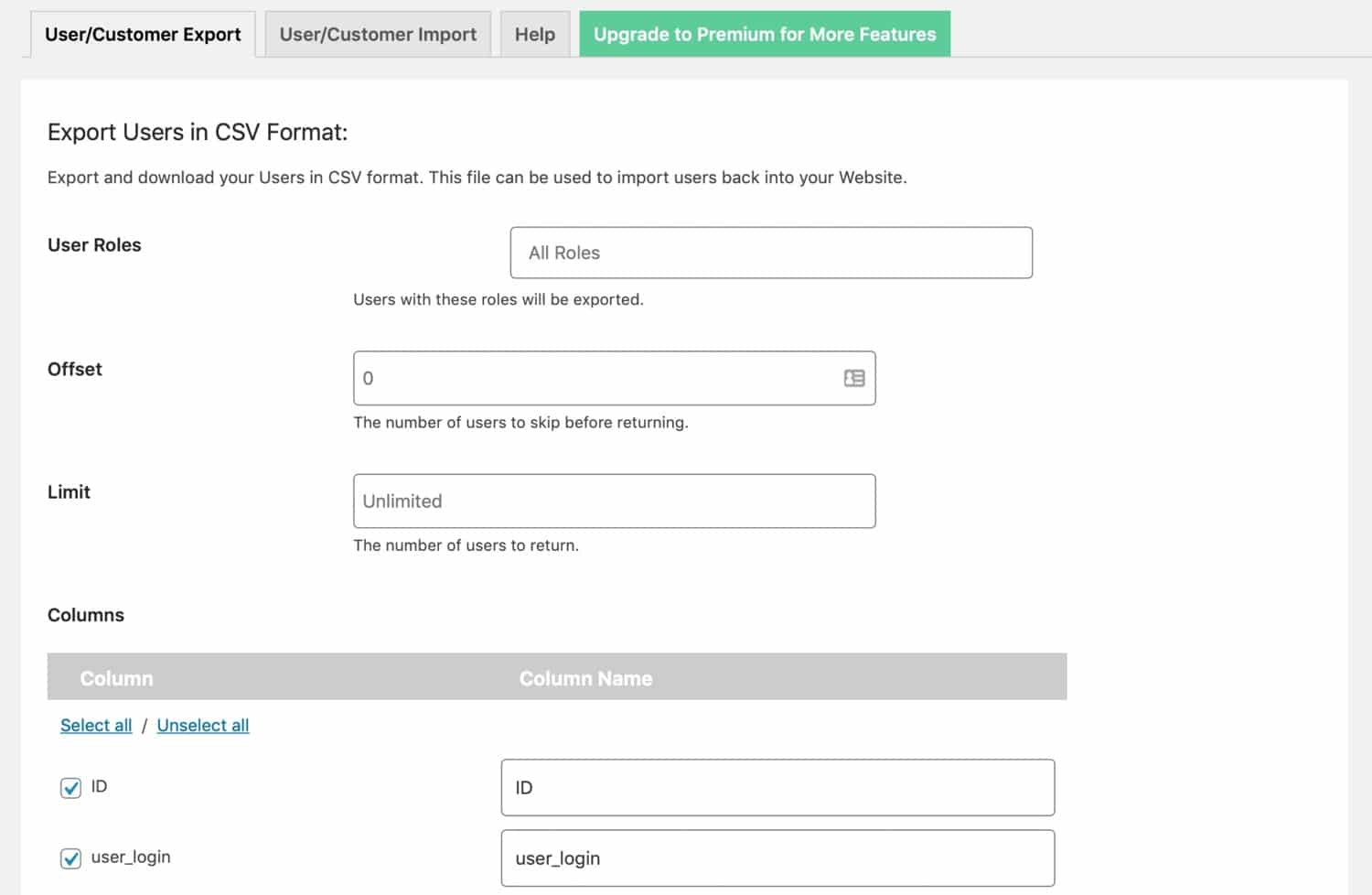 Schermata di Import/Export Users