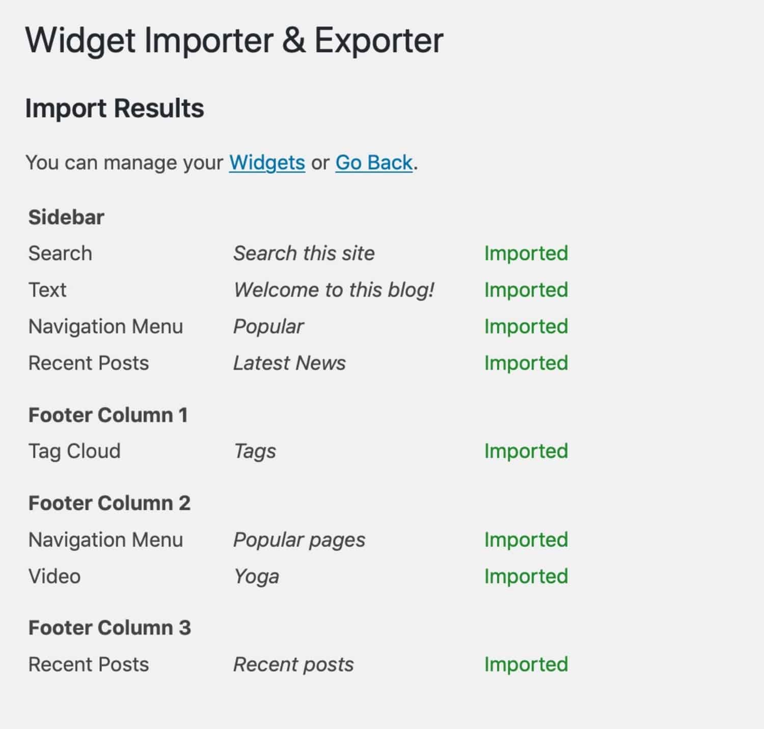 Widget importati