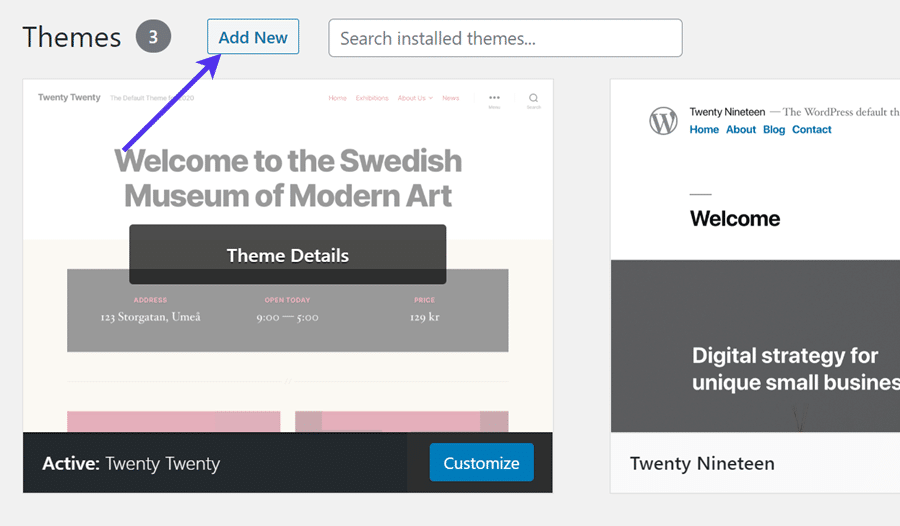 Füge ein neues WordPress Theme hinzu.