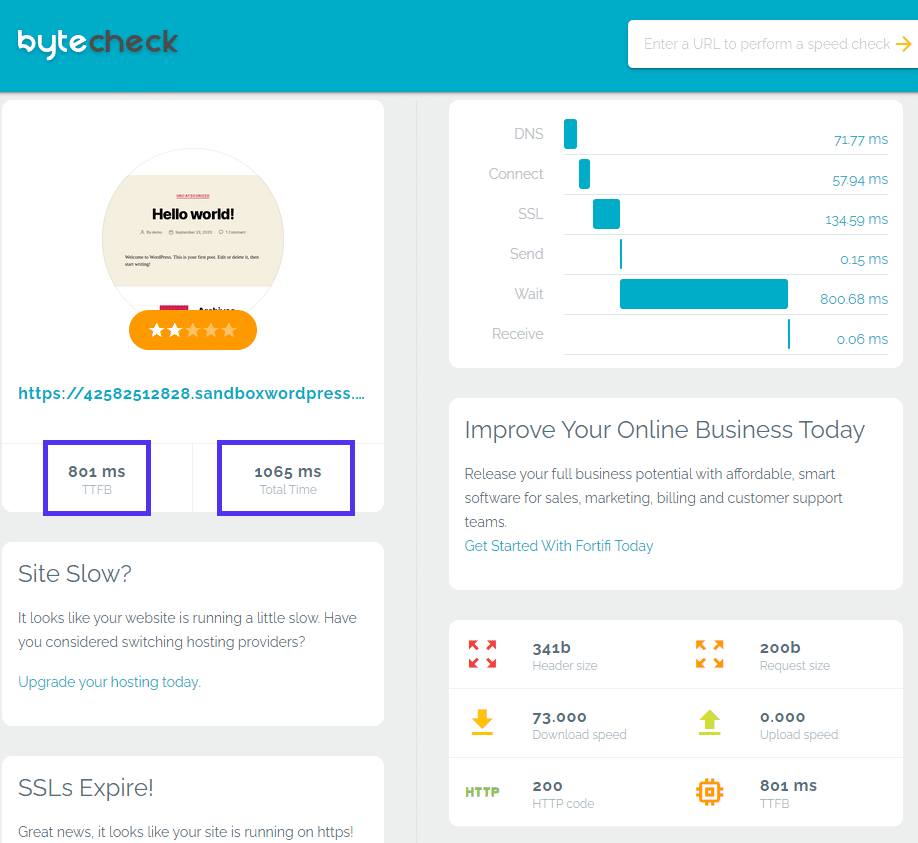 Prueba de velocidad del sitio web Bytecheck