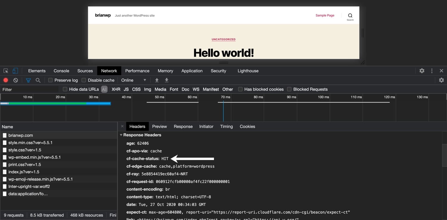 Check Cloudflare cache status with browser inspector.