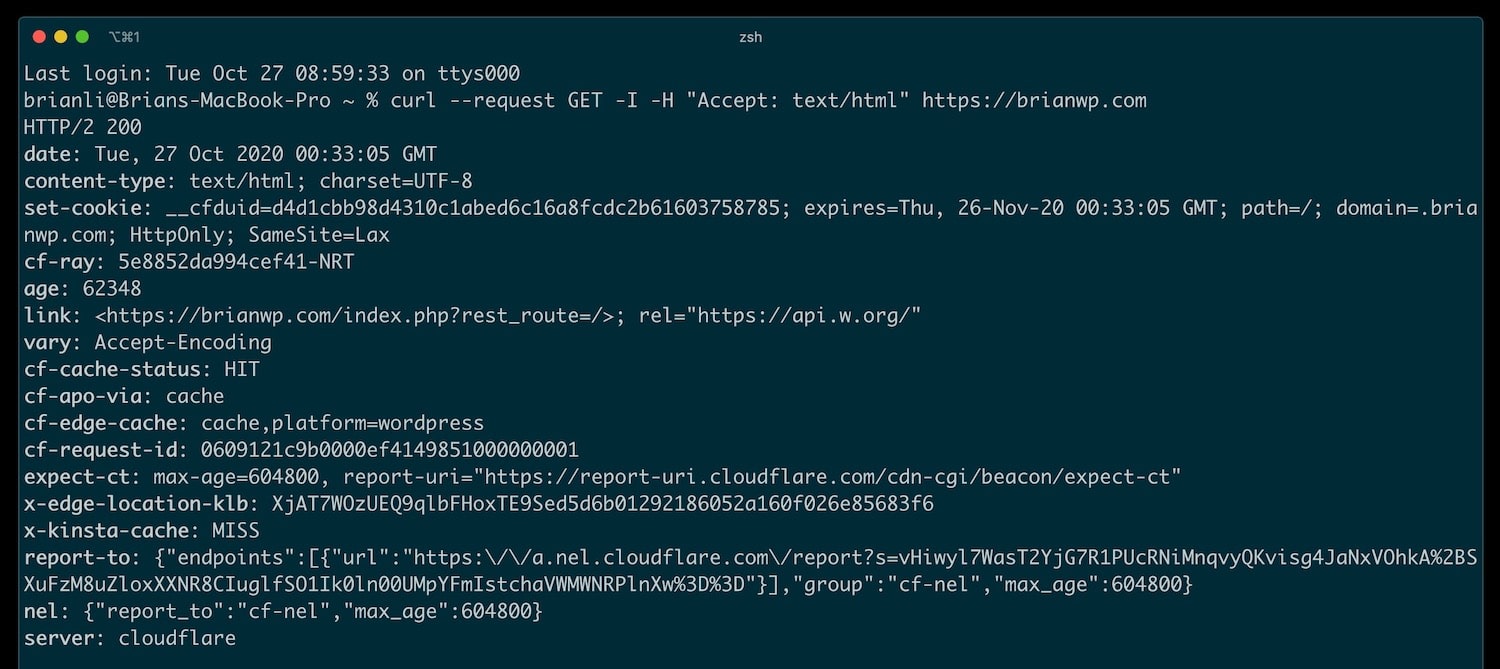 Verifique o status do cache do APO Cloudflare com o curl.