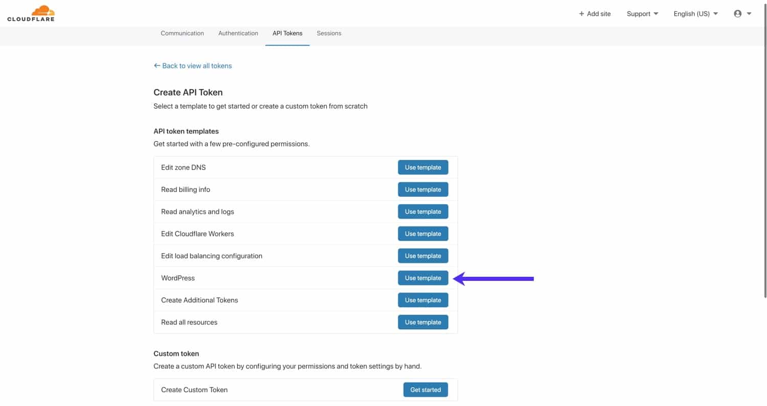 De WordPress API token template selecteren.