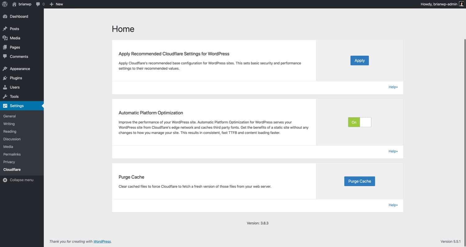 Impostazioni del plugin WordPress per Cloudflare.