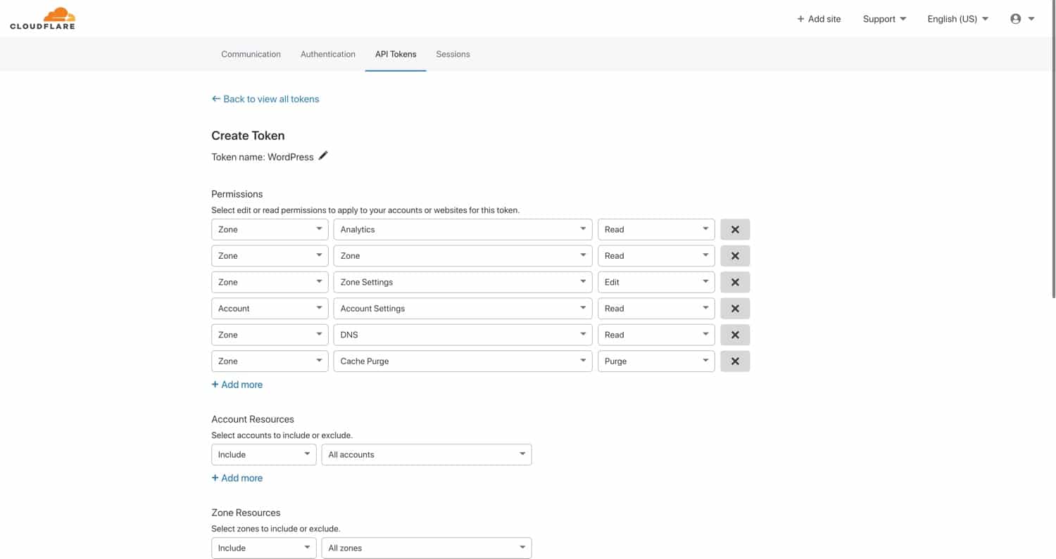 Cloudflare API tokenparameters configureren.