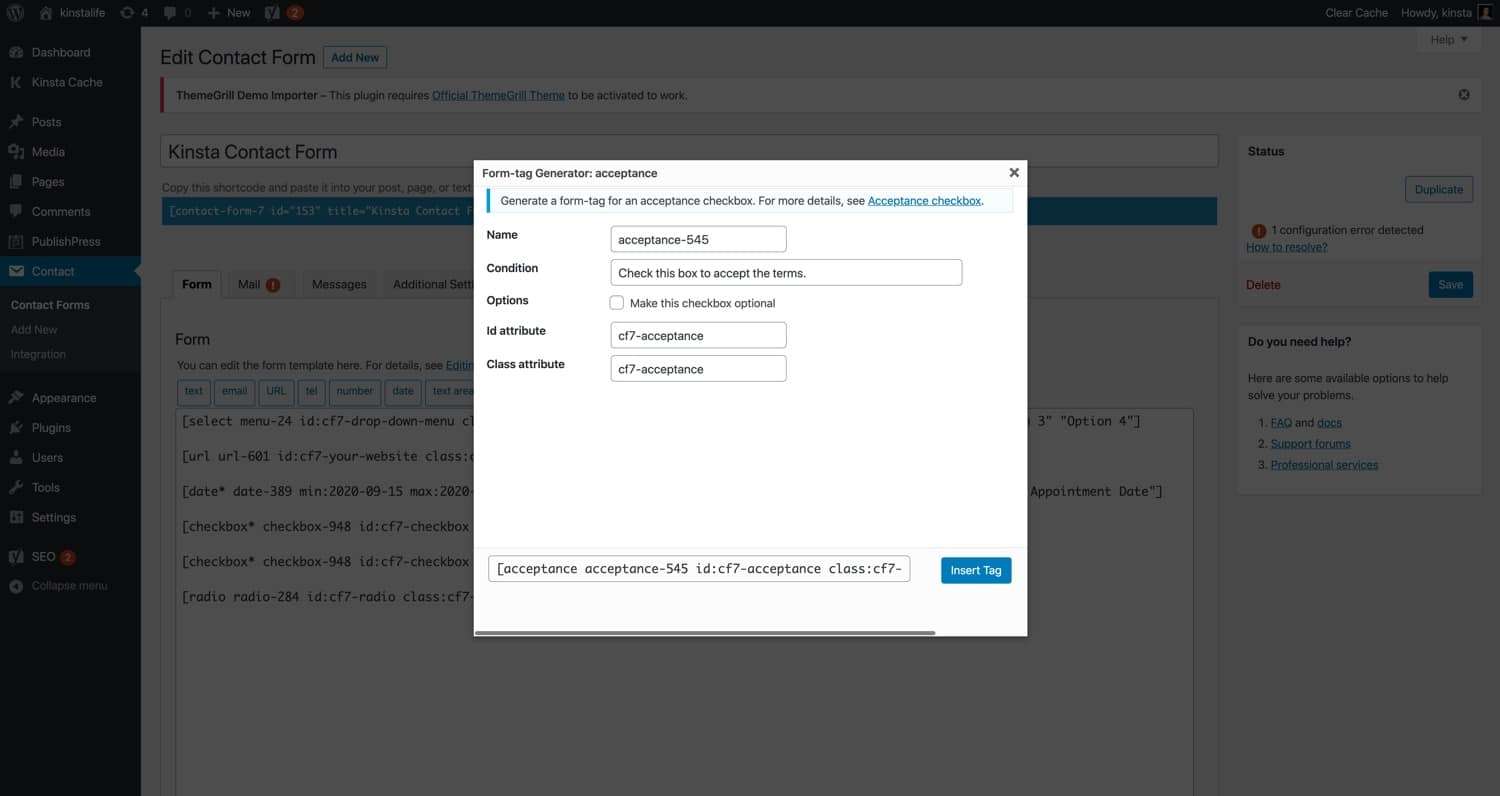 Uma etiqueta do formulário de "aceitação" no Contact Form 7.