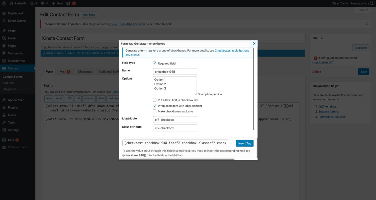 Una etiqueta de formulario de "casilla de verificación" en el Contact Form 7.